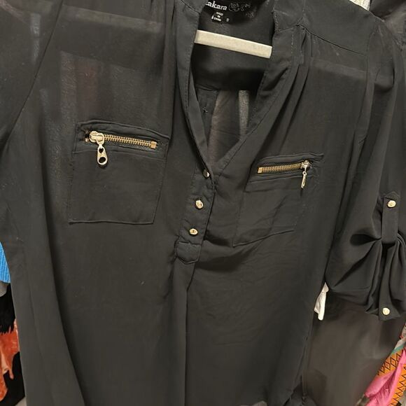Takara sheer black blouse with buttons and zippers sz Small - Picture 4 of 5